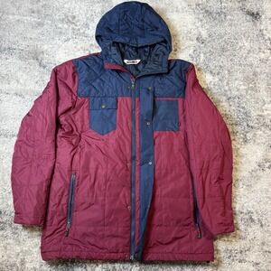 Quiksilver Mens Hooded Puffer Jacket Burgundy Navy Blue Colorblock Quilted XL